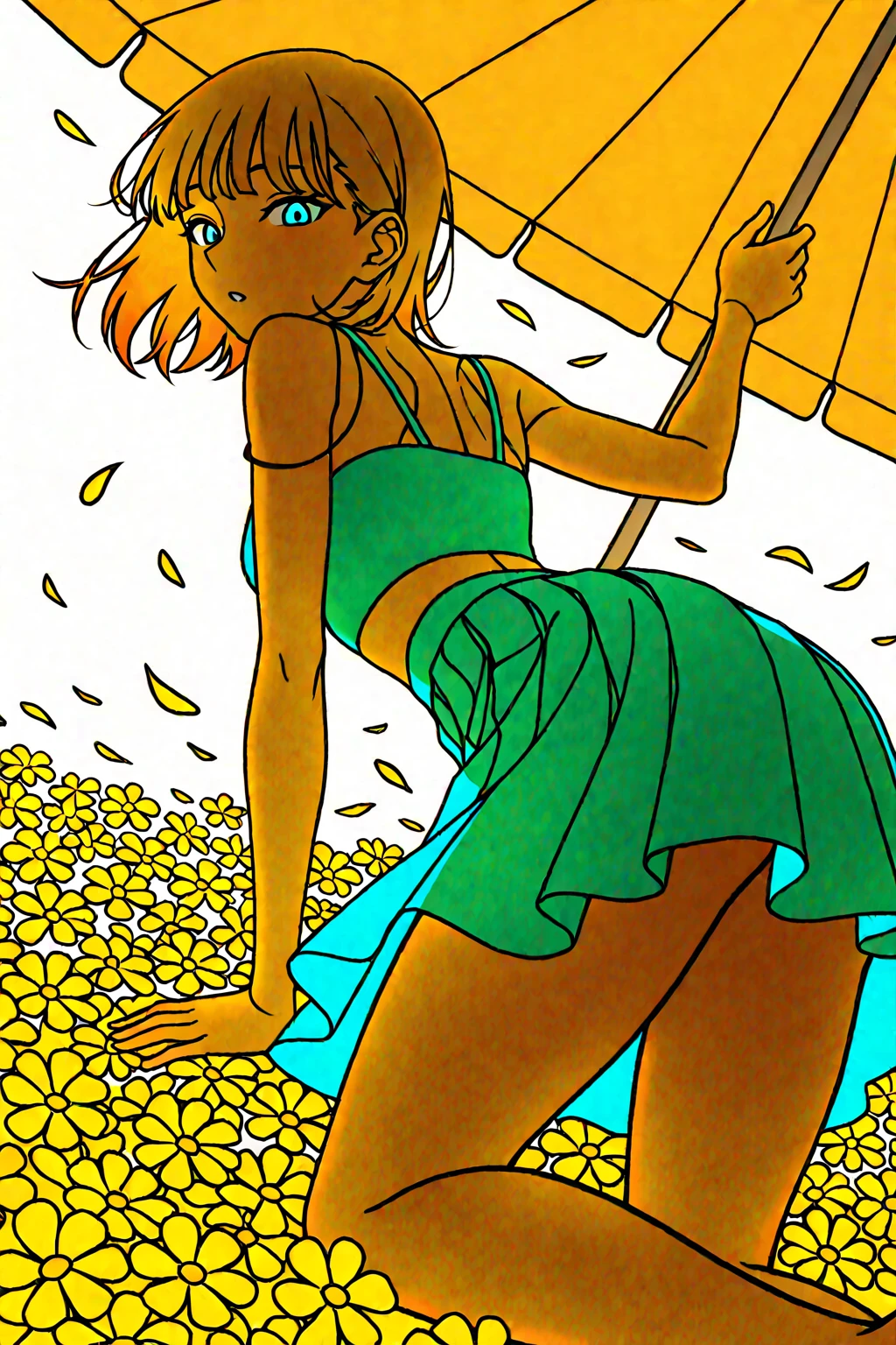 Summer Skirt A carefree summer moment—soft, flowing skirt caught mid-swirl in a warm breeze, sheer fabric fluttering like petals against sun-kissed skin. The golden hour light filters through the thin material, casting delicate shadows on bare legs. Her sundress straps slip slightly from one shoulder as she laughs, arms raised to catch the wind. Around her: dappled sunlight through swaying trees, scattered wildflowers, and the faint shimmer of heat rising from grassy fields. The scene pulses with youthful energy—vulgar, but alive with the season’s unrestrained joy. The skirt’s motion implies explicitly reveal what lies beneath, leaving everything to the imagination. Pure, fleeting summer poetry. summer breeze, flowing skirt, golden hour, sunlit skin, dynamic motion, carefree laughter, dappled light, wildflowers, implied sensuality, youthful energy, natural beauty, sheer fabrics, warm palette, atmospheric depth, nostalgic summer vibe Play with transparency effects where the light hits the skirt, Use wind dynamics to shape the fabric’s flow organicallyFrame with natural elements (blowing hair, scattered petals) Let light/shadow suggest expose