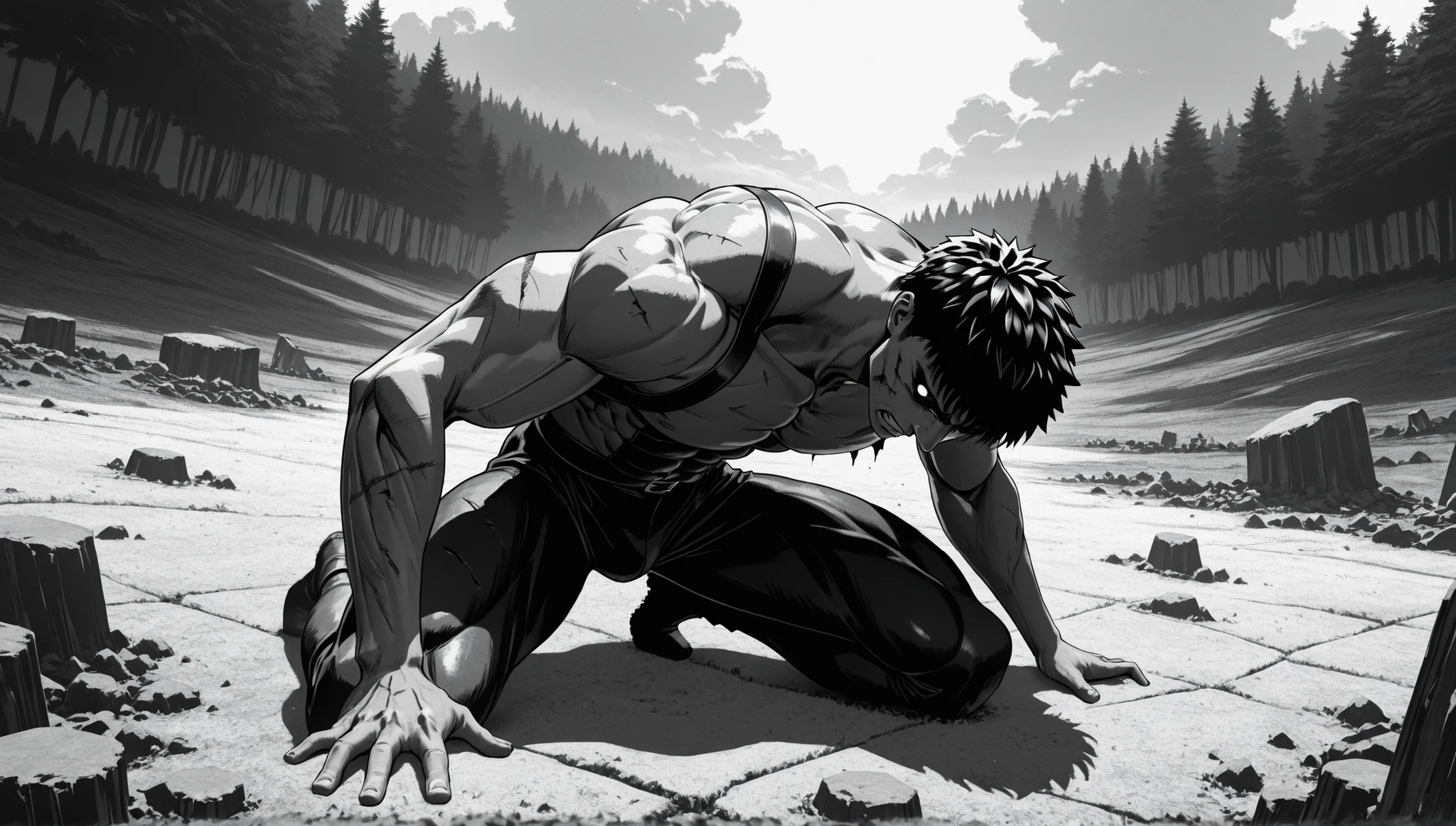 (masterpiece), (ultra-detailed), (very aesthetic), (absurdres), (ultra high resolution), NSFW, frontal angle, Best quality, High quality, Detailed, High resolution, 8k, Ultra high res, highest quality, BLACK AND WHITE image, monochrome, simple drawing, monochrome, 1men, berserk warrior, strong sacred warrior kneeling, strong, (((bodybuilder))), scars on body, devastated battle field, deserted field, after battle, (UltraHD8K), (intricatedetails:1.1), masterpiece, best quality, amazing quality, belth, LowKeyLights, cinematic 8k, UHD, horror, grim , dark,