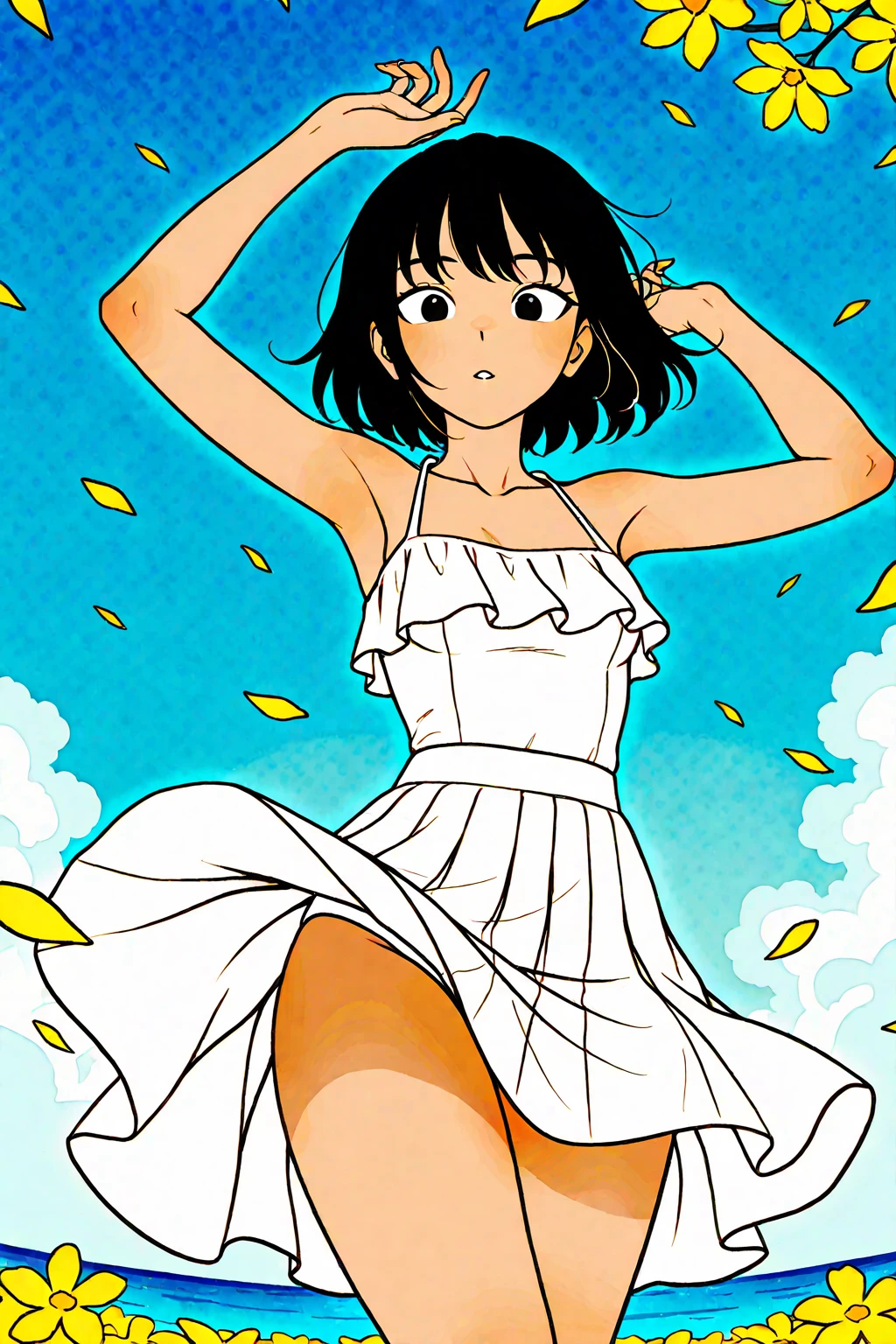 Summer Skirt A carefree summer moment—soft, flowing skirt caught mid-swirl in a warm breeze, sheer fabric fluttering like petals against sun-kissed skin. The golden hour light filters through the thin material, casting delicate shadows on bare legs. Her sundress straps slip slightly from one shoulder as she laughs, arms raised to catch the wind. Around her: dappled sunlight through swaying trees, scattered wildflowers, and the faint shimmer of heat rising from grassy fields. The scene pulses with youthful energy—vulgar, but alive with the season’s unrestrained joy. The skirt’s motion implies explicitly reveal what lies beneath, leaving everything to the imagination. Pure, fleeting summer poetry. summer breeze, flowing skirt, golden hour, sunlit skin, dynamic motion, carefree laughter, dappled light, wildflowers, implied sensuality, youthful energy, natural beauty, sheer fabrics, warm palette, atmospheric depth, nostalgic summer vibe Play with transparency effects where the light hits the skirt, Use wind dynamics to shape the fabric’s flow organicallyFrame with natural elements (blowing hair, scattered petals) Let light/shadow suggest expose