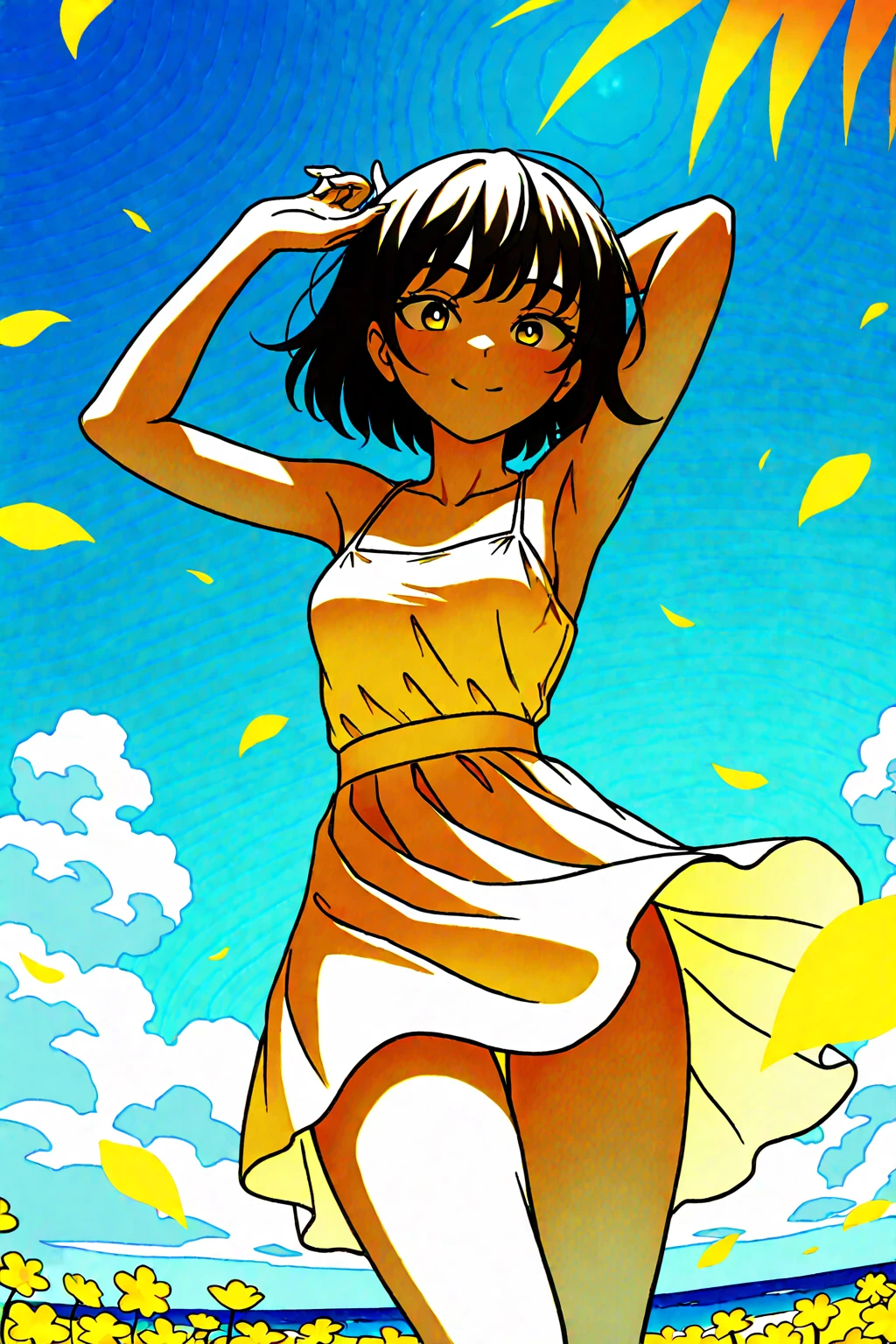 Summer Skirt A carefree summer moment—soft, flowing skirt caught mid-swirl in a warm breeze, sheer fabric fluttering like petals against sun-kissed skin. The golden hour light filters through the thin material, casting delicate shadows on bare legs. Her sundress straps slip slightly from one shoulder as she laughs, arms raised to catch the wind. Around her: dappled sunlight through swaying trees, scattered wildflowers, and the faint shimmer of heat rising from grassy fields. The scene pulses with youthful energy—vulgar, but alive with the season’s unrestrained joy. The skirt’s motion implies explicitly reveal what lies beneath, leaving everything to the imagination. Pure, fleeting summer poetry. summer breeze, flowing skirt, golden hour, sunlit skin, dynamic motion, carefree laughter, dappled light, wildflowers, implied sensuality, youthful energy, natural beauty, sheer fabrics, warm palette, atmospheric depth, nostalgic summer vibe Play with transparency effects where the light hits the skirt, Use wind dynamics to shape the fabric’s flow organicallyFrame with natural elements (blowing hair, scattered petals) Let light/shadow suggest expose