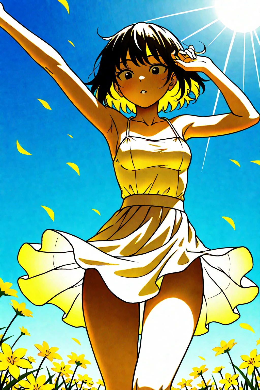 Summer Skirt A carefree summer moment—soft, flowing skirt caught mid-swirl in a warm breeze, sheer fabric fluttering like petals against sun-kissed skin. The golden hour light filters through the thin material, casting delicate shadows on bare legs. Her sundress straps slip slightly from one shoulder as she laughs, arms raised to catch the wind. Around her: dappled sunlight through swaying trees, scattered wildflowers, and the faint shimmer of heat rising from grassy fields. The scene pulses with youthful energy—vulgar, but alive with the season’s unrestrained joy. The skirt’s motion implies explicitly reveal what lies beneath, leaving everything to the imagination. Pure, fleeting summer poetry. summer breeze, flowing skirt, golden hour, sunlit skin, dynamic motion, carefree laughter, dappled light, wildflowers, implied sensuality, youthful energy, natural beauty, sheer fabrics, warm palette, atmospheric depth, nostalgic summer vibe Play with transparency effects where the light hits the skirt, Use wind dynamics to shape the fabric’s flow organicallyFrame with natural elements (blowing hair, scattered petals) Let light/shadow suggest expose