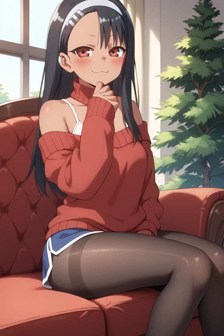 ((((Masterpiece)))), beautiful details, perfect focus, uniform 8K wallpaper, 4320p, high resolution, exquisite texture in every detail, Medium shot photograph, masterpiece, best quality, 1girl, solo, long hair, breasts, looking at viewer, blush, smile, bangs, black hair, red eyes, thighhighs, dress, cleavage, bare shoulders, jewelry, sitting, closed mouth, collarbone, flower, thighs, hairband, earrings, black thighhighs, indoors, off shoulder, huge breasts, sweater, rose, garter straps, red flower, couch, white hairband, on couch, sweater dress, off-shoulder sweater, red sweater, gold earrings, open legs, spread legs, white pantsu, openpussy.detailed, both hands well drawn and drawn with great precision in every detail, well drawn and drawn hands, yor briar,anime,