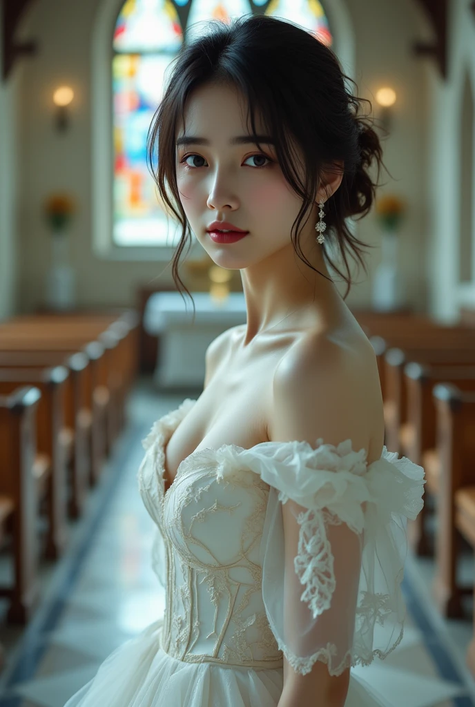KAWAII girl in ((WHITE loose opened Uniform)), with Glossy RED lips, (Exposed:0.7), (nipple:-1), { Extremely closeup | Dynamic-angle }, ((Dazzling stained glass Background)), (( colorful Light pours down from stunning elaborate stained glass:1.2)), vivid Red colors . ((Acutance:0.8, physically-based 3D rendering with Volumetric lighting)), (masterpiece:1.2) of professional Analog photo with Hasselblad open aperture, (8K, ultra-detailed:1.35), (realistic, photorealistic, ((photo-realistic:1.37))with touch of rawness) . ((Renbutsu Misako)), (Extremely detailed KAWAII face variations, with Dynamic expressions), (detailed eyes with sparkling highlights), captivating gaze, long eyelashes, subtle blush on the face, rosy cheeks, impeccable ivory skin texture . { full of flowers covering girl's body | Mystic sight | God rays | haze | Light Particle | Luminous Particle | Lens Flare | A Halo in the air | Overflowing underboob | Button Undoned } . (((Large eyes:-0.9))) .