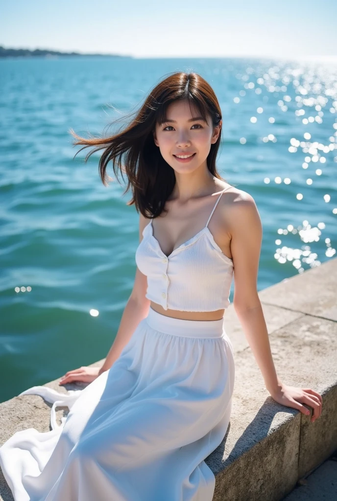 a young, Beautiful cute girl,Full body photo,Extremely beautiful and delicate,Black color hair,A sweet smile,Delicate and beautiful fair skin,Realistic and realistic,exquisite and complete facial features,Detailed depiction of the face,tall nose bridge,Smooth hair,extremely detail hair,Feminine temperament,Tall and tall,Thin,Realiy,White teeth,Hyper-realism,sandals,full body shot shot,Forward tilt angle,Extreme picture quality,Highest precision,Precise and perfect human anatomy。with blue sky and white clouds,Sitting on the Steppe,with blue sky and white clouds,rays of sunshine,Cows, sheeps, (White chiffon skirt)(telephoto shot,)Express the landscape,Highlight portrait。Wear earrings on the beach by the sea
