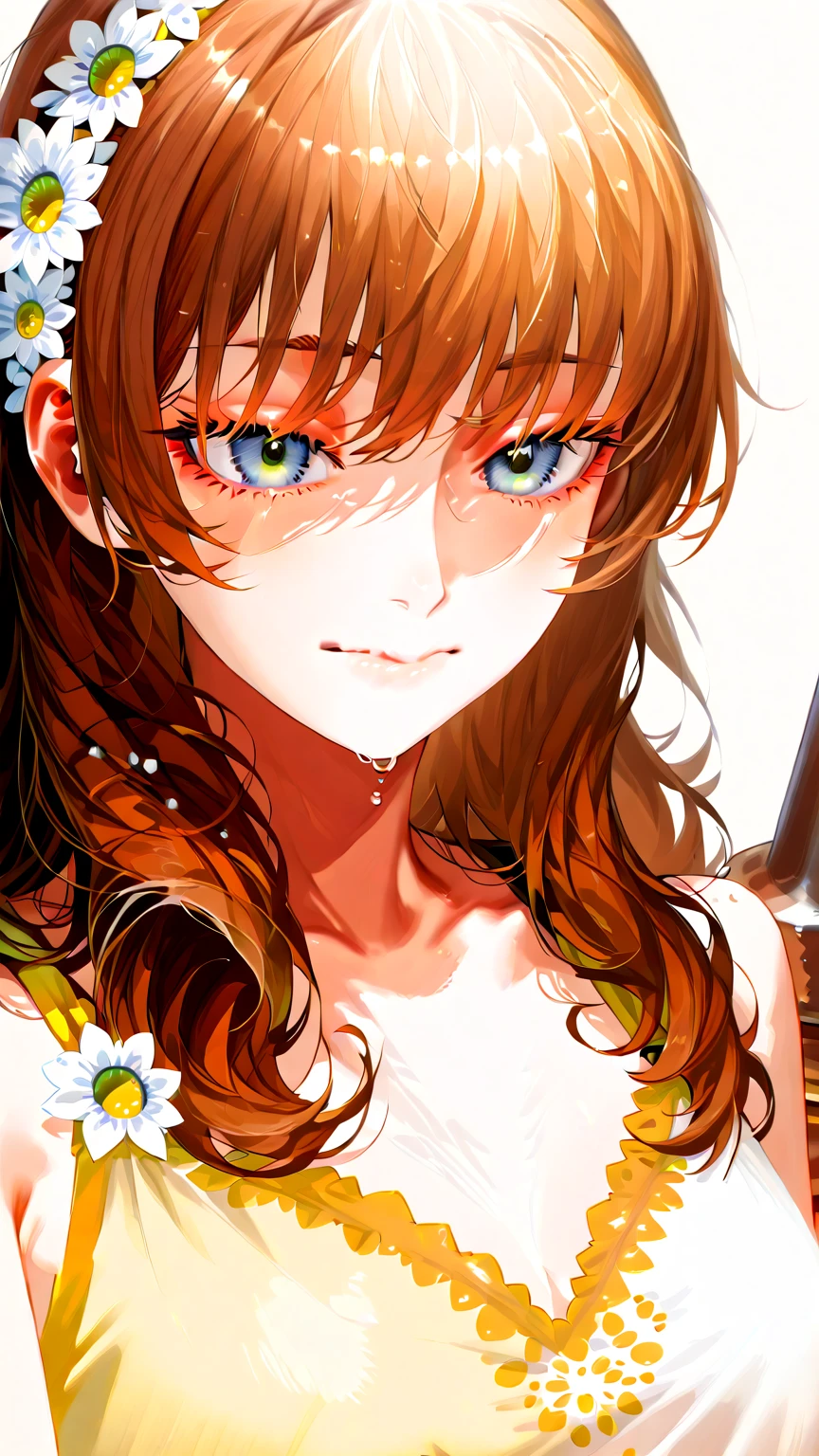 naked, 1girl, solo, animal ears, long hair, one eye closed, horse ears, breasts, white background, simple background, shirt, arm behind head,emerald eye,redhead,light brown hair