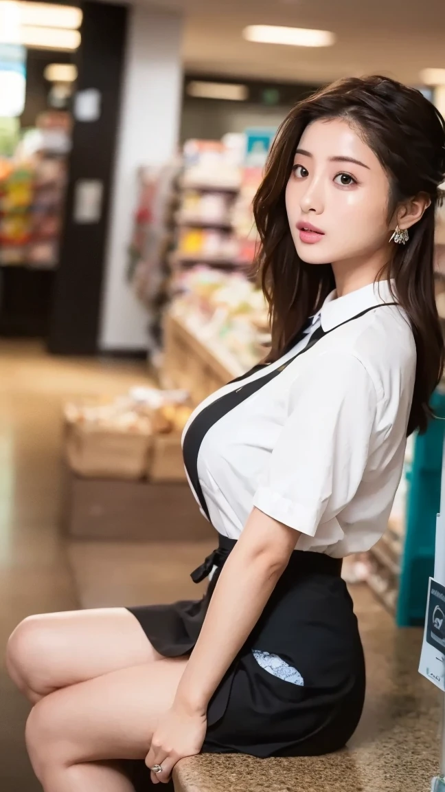 (8K, Super high resolution, highest quality, table top:1.2),(18-year-old:1.2)、(A big smile)、(avert your eyes)、8K、Japanese girl raw portrait、Photoreal、Super high resolution、highest quality、 (huge breasts, cleavage:1.3),(Close all shirts:1.8),(dressing、、pure white cutter shirt、Very short pleated mini skirt:1.7)、(from below:1.2)、(Bend your knees and spread your legs wide、Crab crotch:1.8)(spread your legs wide、M-shaped legs:1.8)、put your hair up、(Panty shot:1.8)、(Sitting on the floor of a convenience store:1.4) break (natural skin texture、fine skin、hyper realism、Super sharpness)、intricate details、Depth of bounds written、Japan idol system、Gravure idol pose、burst chest、long black hair、thigh opening、plump breasts、cleavage of the breast、gal、Big eyes、bangs、eyelash、crisp double、bewitching look、open your legs、high school girl、pure white cutter shirt、tie、show panties、squat、Please put a white shirt inside the skirt、(You can see the small black panties:1.5)、(Black lingerie shows through faintly:1.3)、show your armpits、Very short pleated skirt with plaid pattern、brown loafers、black stockings、
