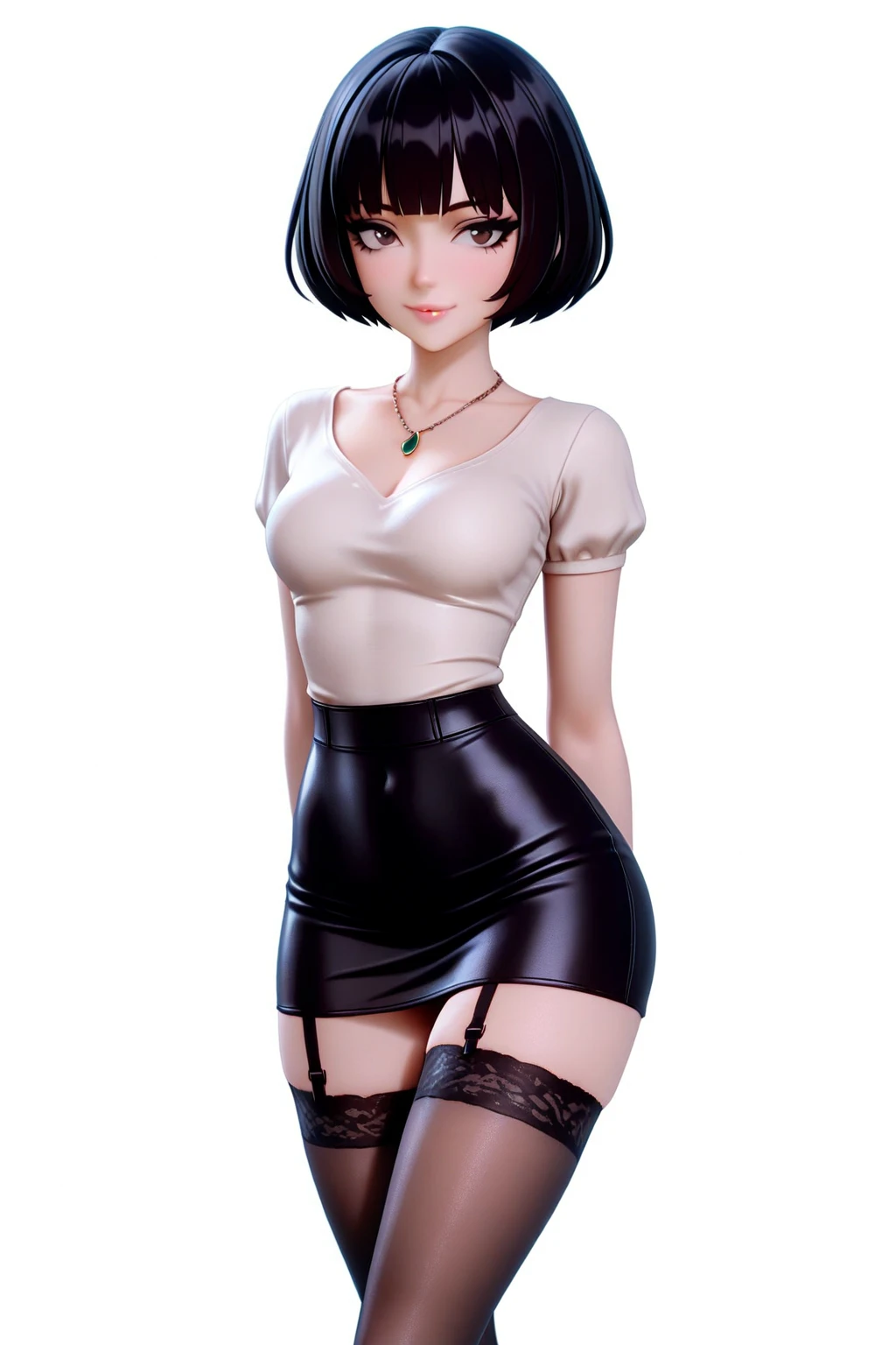 A girl with black hair and dark brown eyes, dark skin and a white shirt with a micro skirt and stirrup legwear