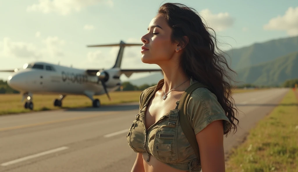 Sheena queen of the jungle, wearing a tan loincloth and loincoth top, in a damaged helicopter, realistic, smoke coming from helicopter 