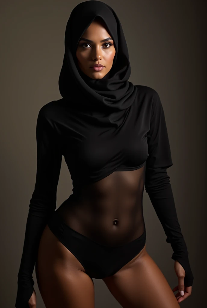 absolut dark room, no light, black background, zulu woman, fullbody, small sagging breasts, messy hair, erotic posing, nude, dressed in black fluttering silk scarves, one spotlight from above, only contours are visible, hard shadows, many details, photorealistic, high resolution, white highlights