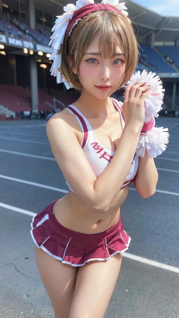 (((highest quality、8K、photo-realistic:1.4、masterpiece)))、Backlight、Woman with highly detailed facial texture、18-year-old、(((pink cheerleader:1.2)))、((stadium background:1.2))、with arms raised、laughter、lusterのあるpink hairと短い髪型,,,,,,,pink hair。divided sleeves, bare shoulders, central opening, cleavage, central chest、ribbon。peach hair。pink hair。short hair。squat。show me your pants。Panty shot。red underwear。redpanties。open your legs。lower chest。open your legs。lustery panties。luster々panties。smile。sitting yankee。Sitting on poop。spread legs。squat騎乗位、vagina、