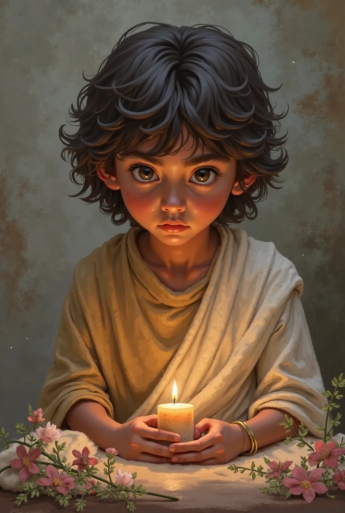 A boy with hairs around his neck. Beautiful eyes. Sitting on  someone  with beautiful  crossed legs