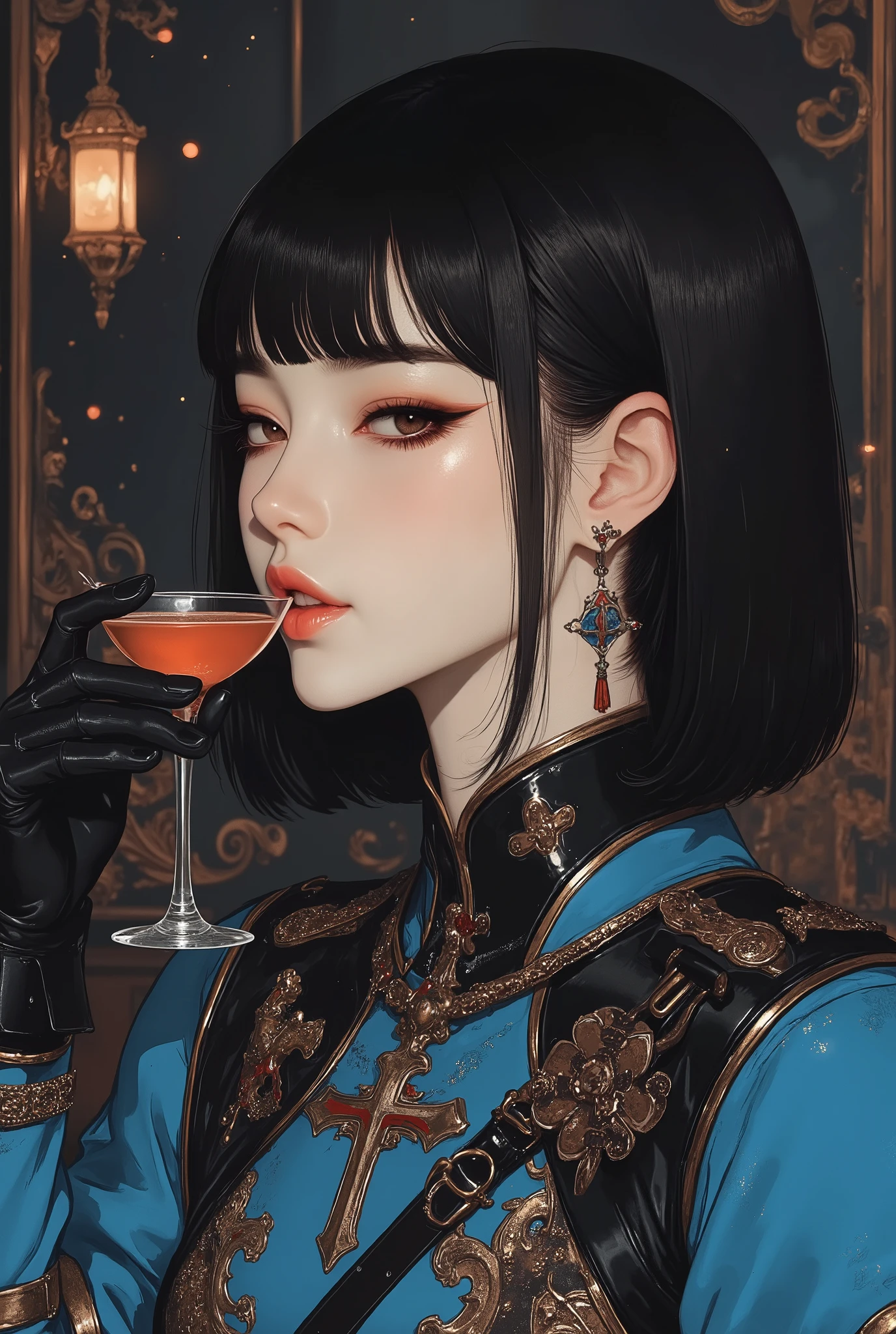 close-up、close-up、An oriental beauty with bangs and a short black bob and a blue knight laughing deliciously drinking a cocktail