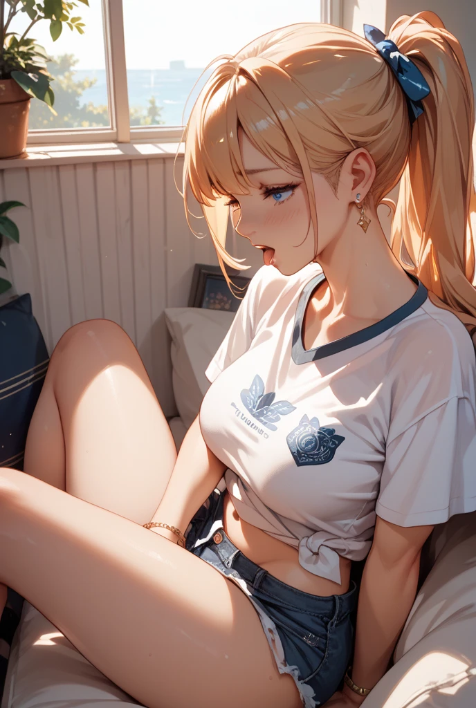 1woman, blush, open mouth, blonde hair, hair ornament, 1boy, twintails, underwear, closed eyes, hetero, censored, solo focus, mosaic censoring, hair bobbles, (clothing aside), desk, gym uniform, doggystyle, buruma, classroom, school desk, (buruma aside), back view, stomach on desk, bent over, doggy style, anal, buruma aside, anal, (dildo into vagina),
