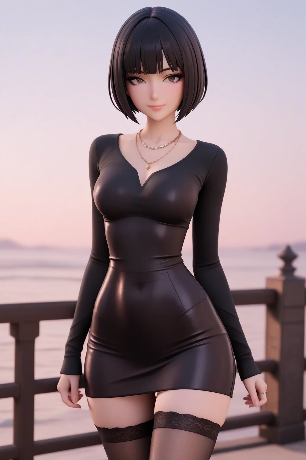 anime style art,35 age, D cup, Mature woman, A bodycon dress with strappy sandals and a choker.(Soft Focus, Telephoto shooting, Over the knee shot, Exaggerated posture)，Standing