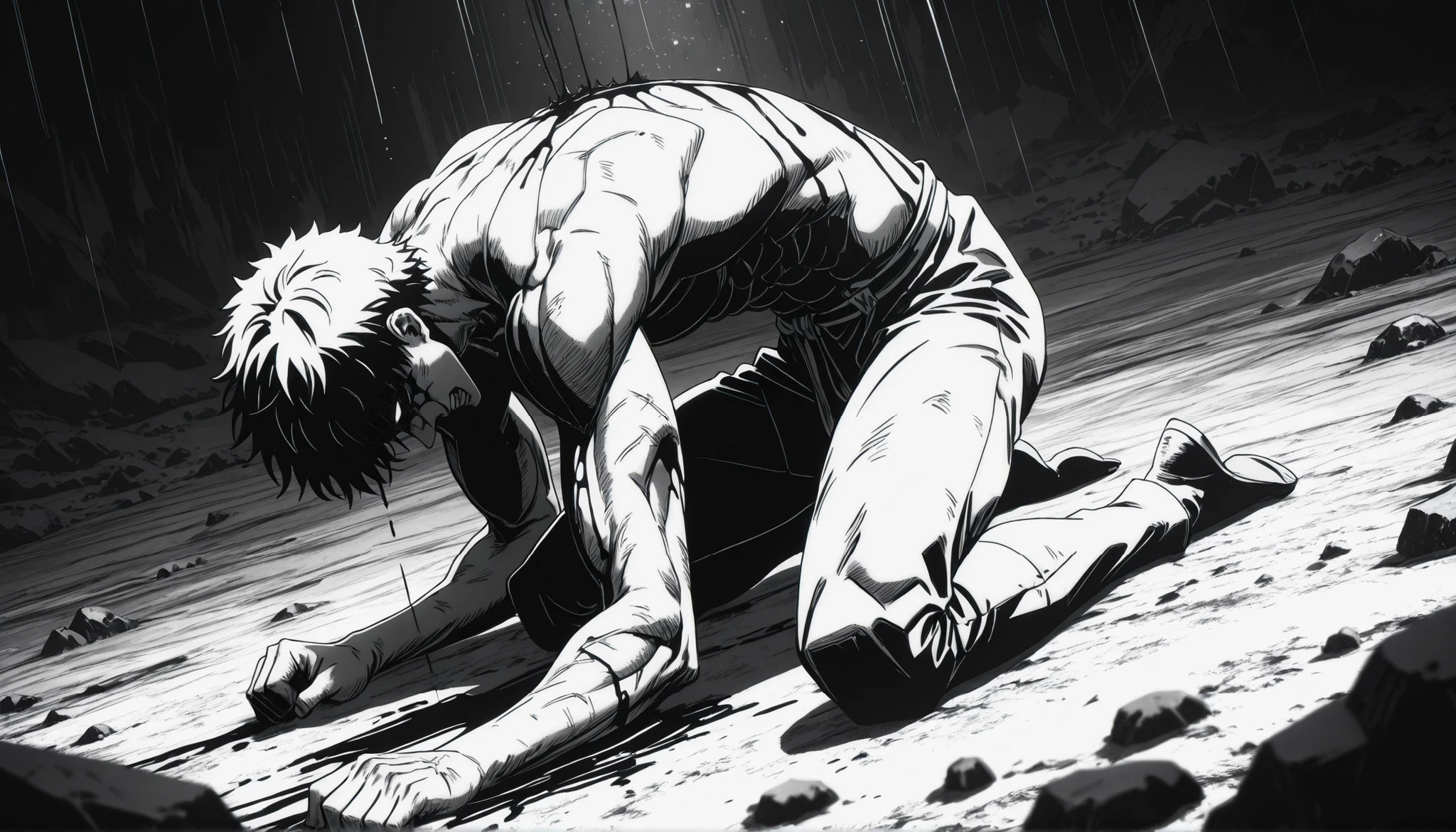 (masterpiece), (ultra-detailed), (very aesthetic), (absurdres), (ultra high resolution), NSFW, frontal angle, Best quality, High quality, Detailed, High resolution, 8k, Ultra high res, highest quality, BLACK AND WHITE image, monochrome, simple drawing, monochrome, 1men, berserk warrior, strong sacred warrior kneeling, ((bleeding)), strong, (((bodybuilder))), scars on body, devastated battle field, deserted field, after battle, (UltraHD8K), (intricatedetails:1.1), masterpiece, best quality, amazing quality, belth, LowKeyLights, cinematic 8k, UHD, horror, grim , dark,