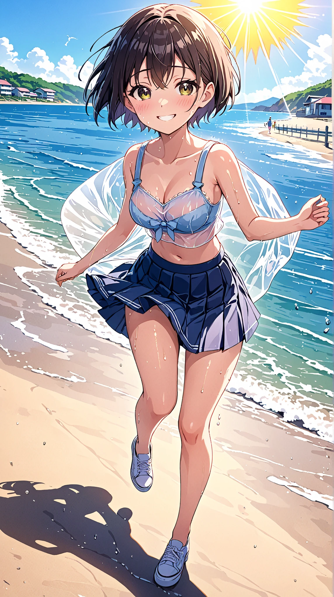 1girl, ((full body)), solo, trees, sun, clouds, summer, water, ((blue hair)), short hair, large breasts, ((blue top)), water sport, ((full cleavage)), blue eyes, grin, happy, looking at the viewer, mini skirt, hair pin