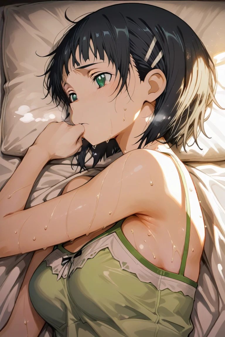 Woman, Athletic and toned body, light skin tone, long black hair tied in a ponytail, green eyes with a penetrating and seductive look, breasts big, exciting look, hair wet, wearing a white robe, lying face down with legs up, is on a bed in the school dormitory
