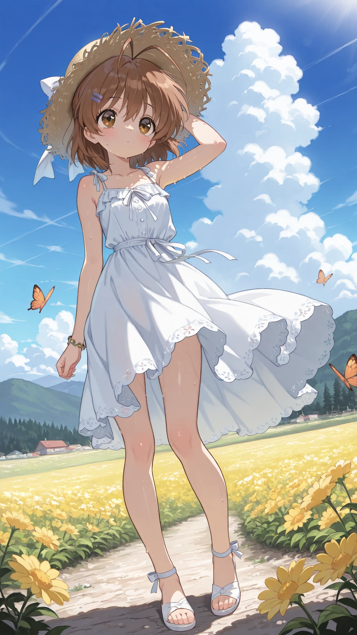 furukawa nagisa  \(clannad\)  a girl walking in a amidst a field of sunflowers under a dark blue sky with white clouds. the image also shows a serene and peaceful atmosphere. on the middle of the image, a young woman appears to be in her early twenties, with short brown hair and a slim body, wearing a sleeveless white dress. she is standing in a field, looking up at the sky with a contemplative expression. the woman is facing away from the viewer, with her eyes closed and her head tilted slightly upwards, giving a sense of serenity to the scene. her hair is styled in a short hair style, and she is wearing no shoes, no accessory, her body is slim and she has bare shoulders. the background features a large white cloud  in the sky, adding to the peaceful and dreamy atmosphere. the overall style is reminiscent of japanese anime, with a focus on the woman's serene expression and the vibrant yellow flowers surrounding her. 1girl, solo, unrivaled beauty, brown eyes, antenna hair, hairclip, blush,  shiny skin, vivid eyes, shine eyes, hair between eyes, big eyes, eyelashes, hat, strappy, spaghetti strap, bracelet, pretty, beautifull,straw hat, sandles, fashionable, nice hips, windy day, outdoors, butterfly, ,beautiful girl, beautiful body, dynamic pose, beautiful eyes, beautiful face, beautiful hair, Masterpiece , best quality ,young little woman, (beautiful detailed eyes),Textured eyesStylistic eyes, reflecting lips, perfect hands, perfect face, ,(HD eyes:1.4), (ultra-detailed) , amazing quality , very aesthetic , illustration , perfect composition , intricate details , skin contours, thigh and calf lines, ((4k,8k,Ultra HD)),((Masterpiece :1.2)),((Best quality :1.2)),((Detailed :1.5)),((Detailed background :1.5)),natural sweat hair,retro artstyle, 2000s (style).
