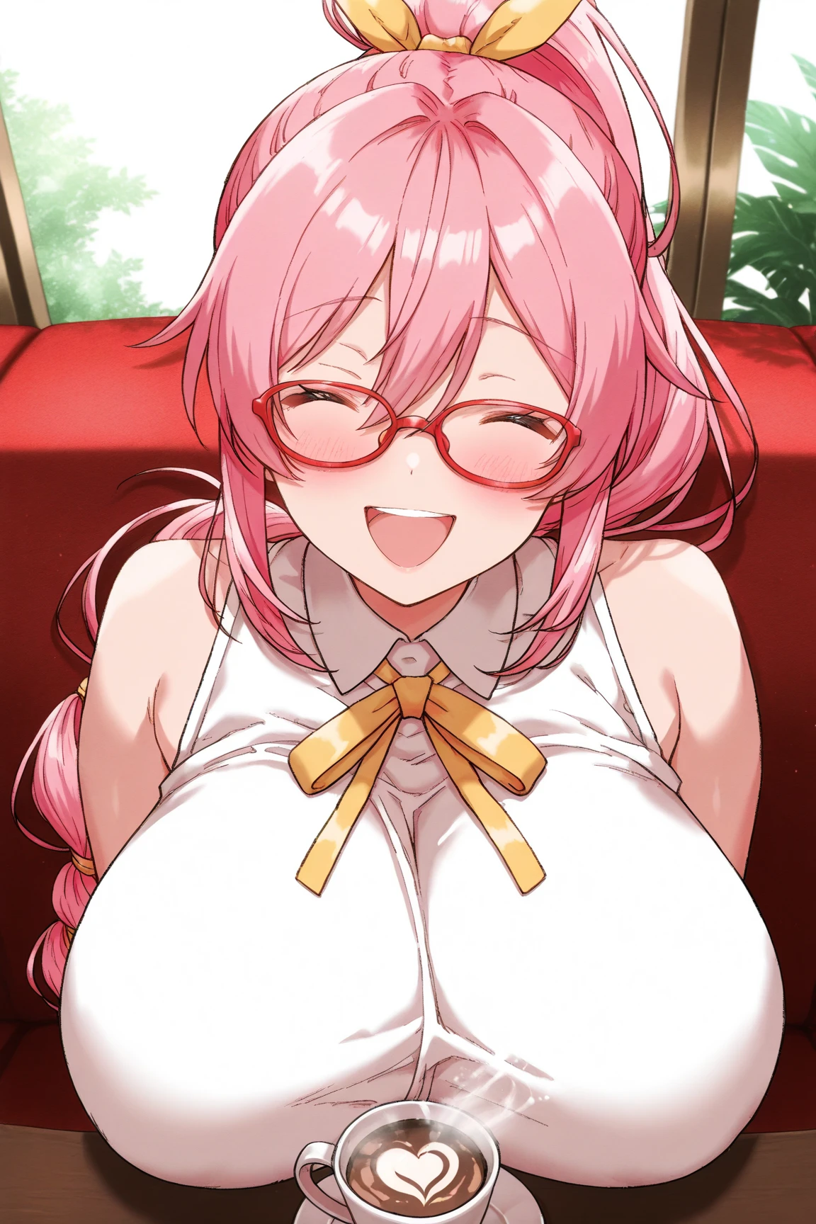 One Woman、private teacher、Big Breasts、Pink Hair、long hair、Ahoge、Kind older sister、Pink Glasses、Green Eyes、Smile、naked、Light pink nipples、Bedroom、On the bed、Droopy eyes、Shaved