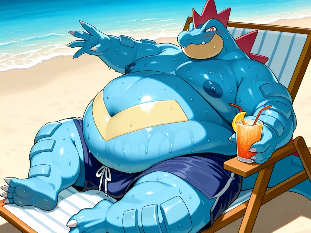 Pokemon Feraligatr, on the beach, huge gut, swim trunks , on his back, view from above