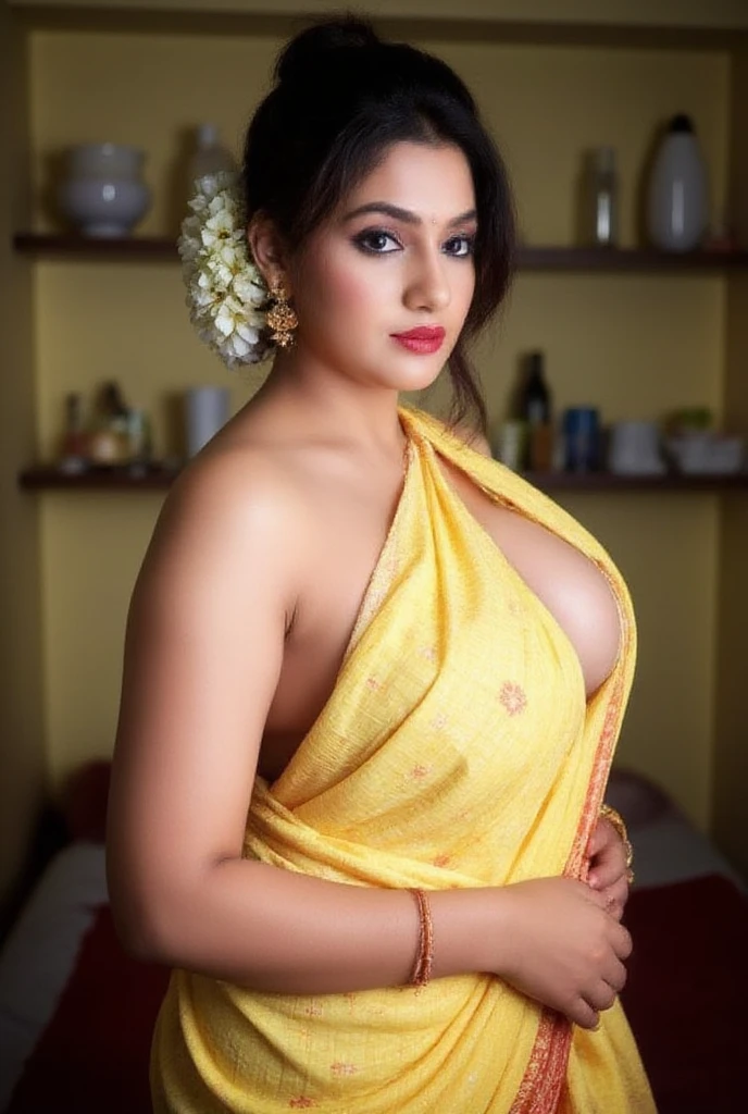 45 year old plus sized South Indian teacher wearing silk saree in bedroom showing cleavage and navel