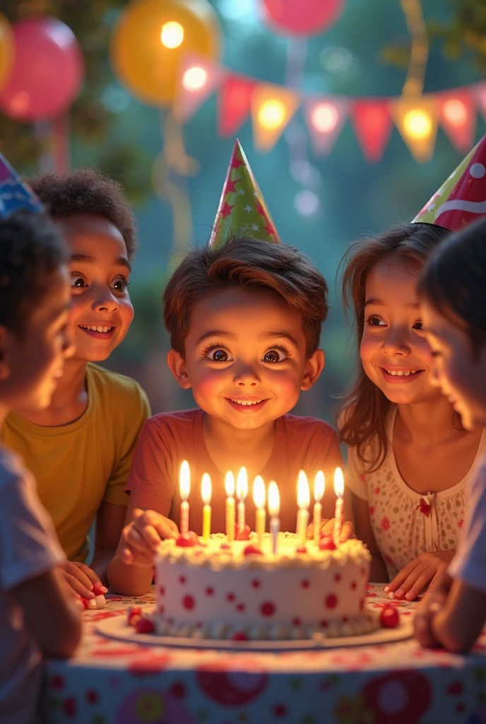 Create a realistic photo of where a white boy is cutting a birthday cake with friends, smiling and facing outward