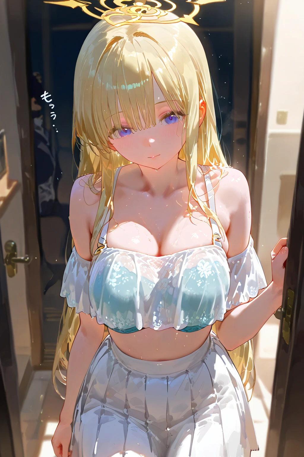 1girl, solo, long hair, medium breasts, indoors, areola slip, large areolae, sundress, white dress, frills, frilled dress,