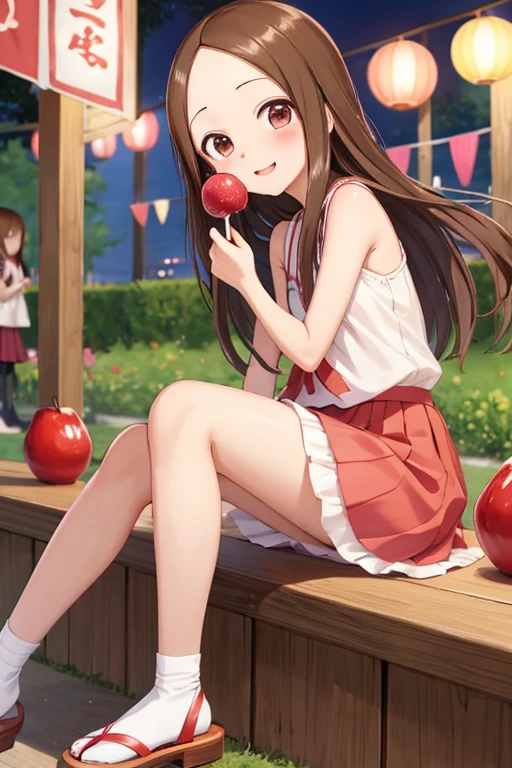 Light-skinned girl with long brown hair, fringe and a red bow on the back of her head, wearing blue dungarees with a white short-sleeved T-shirt with blue shorts and knee-high socks, eyes closed, red shoes in the background on a strawberry field with red cheeks eating a strawberry with a picnic blanket with eyes closed