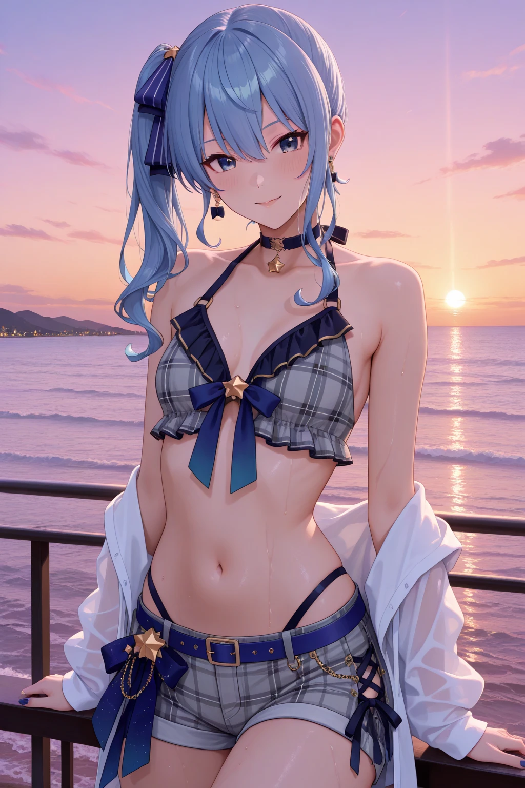 Cornflower art, dreamy, (masterpiece, top quality, perfect ???????, beautiful face, realistic, super detailed, 1 girl, 18 ears senile, solo, depth of field, canon 24mm lens, f1.4, cute_girl, sailor_ collar, clear facial features, short sleeves, small breasts, slender stature, height 170, barefoot, double ponytail, bangs, gravure pose, outdoor, jungle, Blurred background, (Uwabaki: 1.1576)) Drenched all over body, clear liquid dripping from the crotch, the front of the shirt is exposed, the chest is visible, transparent bra, light blue striped buns, NSEW.nrfw,