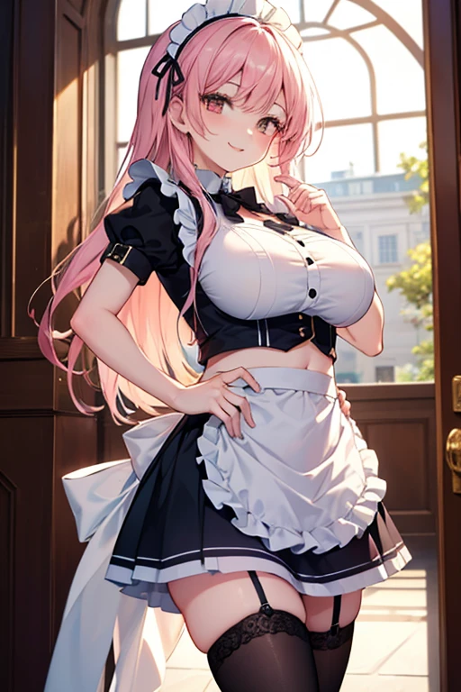 1 girl, game CG, frilly maid outfit, cleavage visible, short skirt lift, maid's hair ornament, maid's small apron, black garter belt, see-through panties, gigantic breasts, pink hair, long hair, low twintails, princess hairstyle, ahoge, pink eyes, embarrassed, indoors, cameltoe,