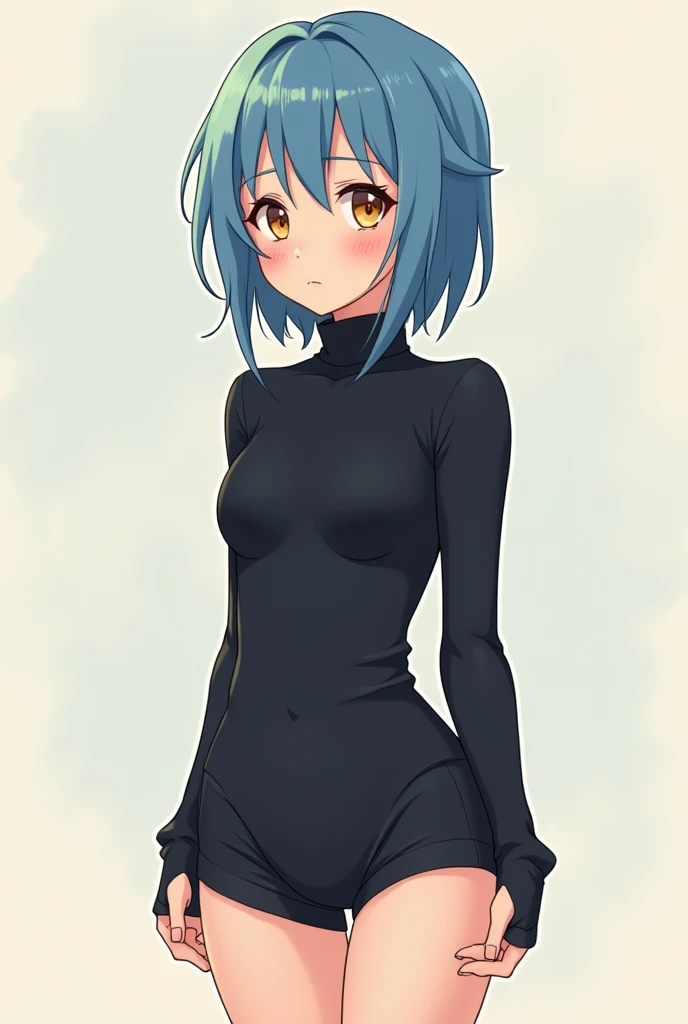 Girl with short green hair. With blue eyes in black clothes, tongue piercing