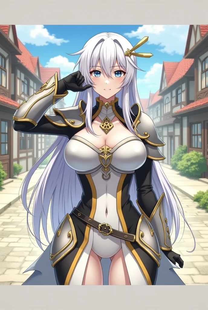 (masterpiece:1.2), (highest quality:1.2), 1girl, solo, cow-girl, breasts, animal-ears, cow-ears, tail, horns, cow-tail, animal-print, cow-horns, thighhighs, huge-breasts, cow-print, armor, gloves, piercing, very-long-hair, full-body, simple-background, looking-at-viewer, white-hair, smile, gigantic-breasts, blue-eyes, bell, bangs, white-thighhighs