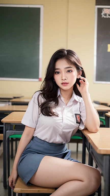 RAW, Best quality, high resolution, masterpiece: 1.3), Beautiful young indonesian girl, seductive pose, showing puffed breast, open legs showing vagina, sensual body, on a top of table of class room, ((senior high school clothes)), orgasm, highres, 4k, HDR, 1girl, photorealistic, realistic, big breasts, ((whole body)) turning away facial at viewer, closeup, class-room, misty,
