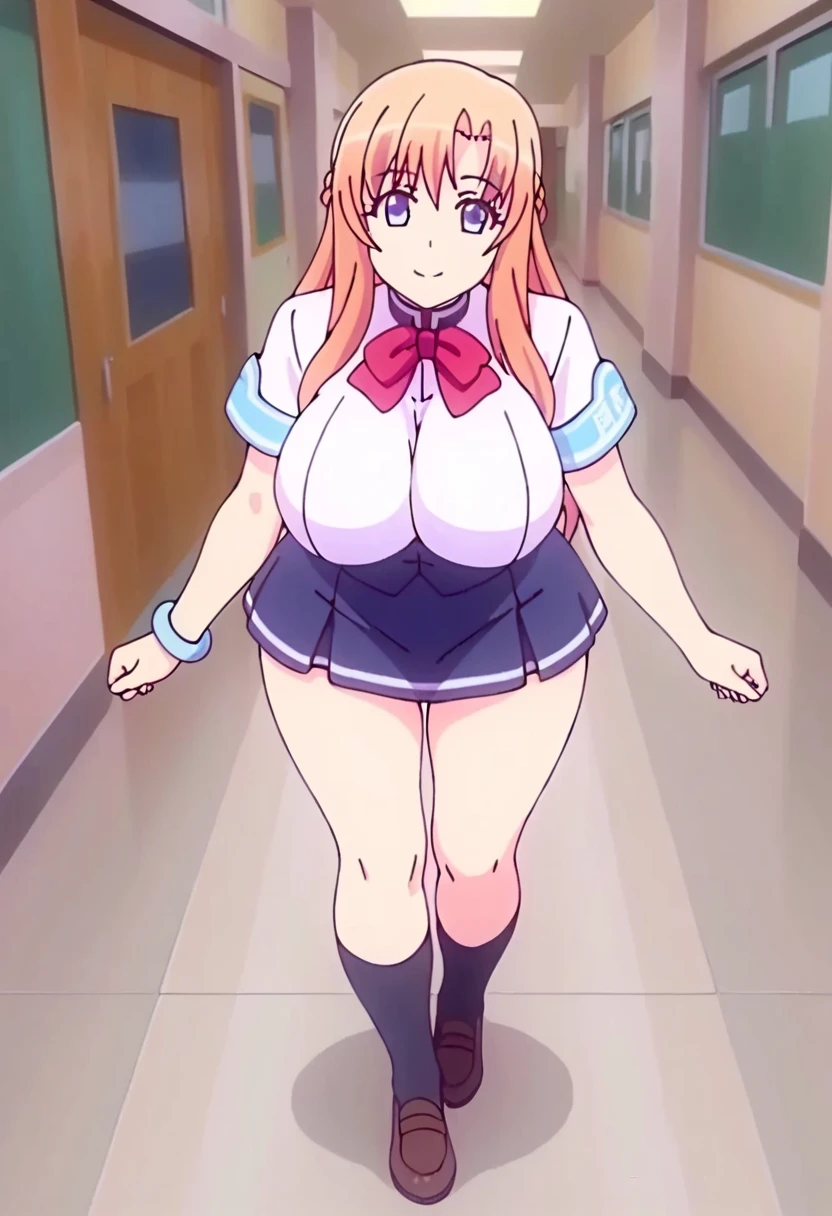 ((1girl)),((alone)),Ririsa Amano,(masterpiece), (best quality), (ultra detailed), (best illustration), (best shadow), (absurdities), sharp focus, cowboy shot , dynamic posture looking at the viewer, big breasts, narrow waist, wide hips, wide thighs, round butt, erotic, romantic, (very detailed eyes, lips 1.1), very detailed eyes, eyes, Very detailed face, Very beautiful face, height full, beautiful slim figure, femininity, expressive appearance, elastic big breasts, sexuality, third liliel squad, long hair, orange hair, hair ornament with wings, two sides up, hair between the eyes, blue eyes, crop top , long sleeves, loose sleeves, bare shoulders, wings, abdomen, navel, pink belt, pleated skirt, white thighs, knee-high boots, defined body, perfect and beautiful body, perfect and beautiful, closed mouth, smile, cheerful smile, blushing, (sexy pose: 1.2), ((solo)), standing: 1.3, indoor, cosplay convention, tables, chairs, looking forward, ((focus on hips)), point of view: (from middle) , perfect anatomy, perfect hands