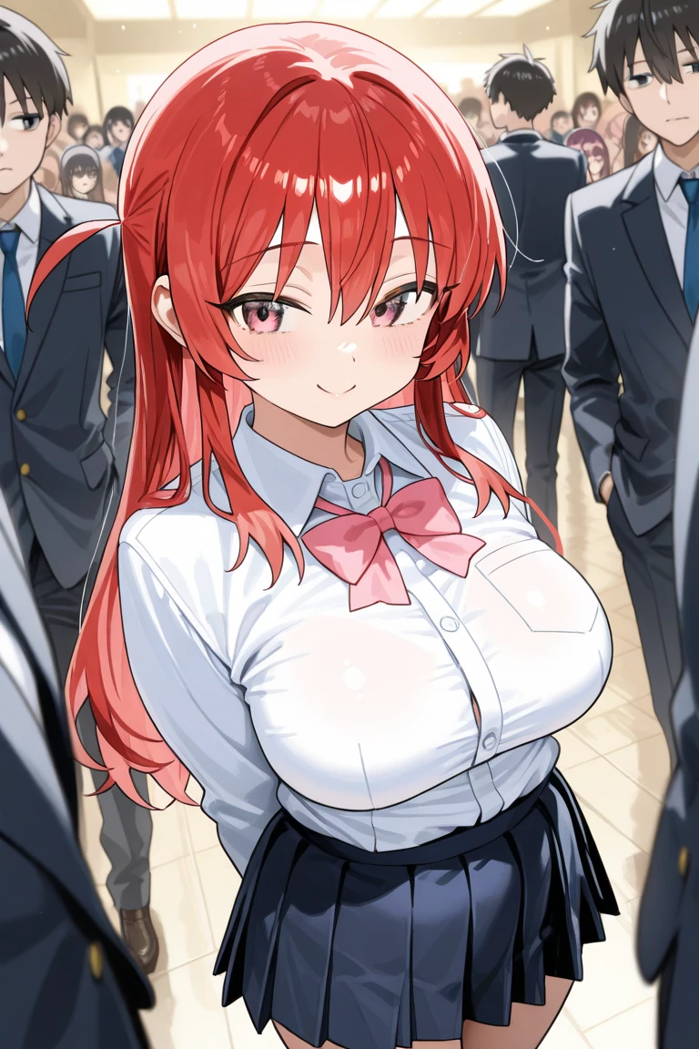 <lora:SumireX_V1:0.8> masterpiece, best quality, sumirex, low ponytail, (sharp teeth:0.8), smirk, serafuku, student uniform, pleated skirt, see-through, fingerless gloves, black hat, thighhighs, school hallway