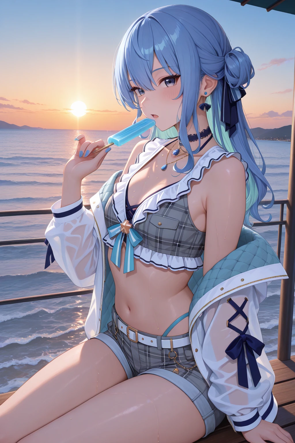 anime girl in white bikini sitting on a wooden bench, Enchanting anime girl, is wearing a Swimwear, artwork in the style of Gwaiz, realistic bikini, I also make fan art, Swimwear, clothing: bikini, Attractive anime girl, blue bikini, Nico Robin, Beautiful and attractive anime woman, Created by Anime Painter Studio, Swimwear, Gwaiz, At the Beach,Raise your hands
