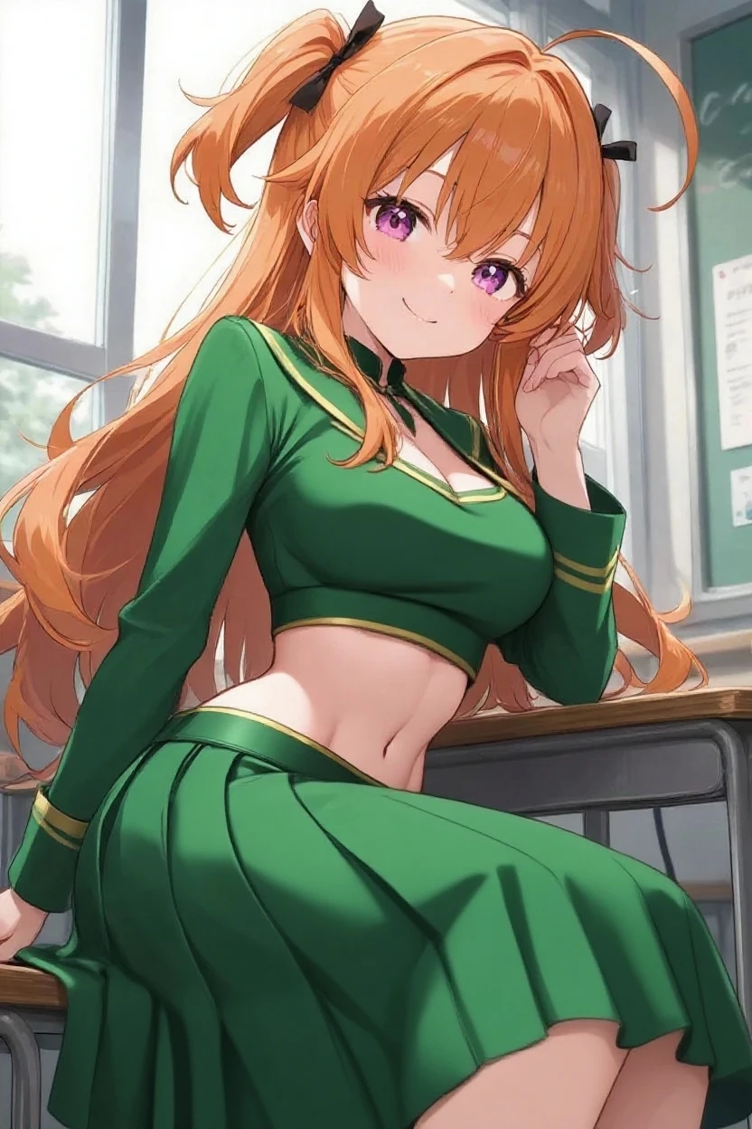 A cute Japanese girl Orange Hair Lively impressions Dance Club uniform Black sportswear with green lines showing your stomach Wear an oversized black hoodie over your sportswear The zipper on his hoodie is wide open hairpin Long Hair Live Performance Venues super high quality Yellow-green eyes Larger breasts The world's most beautiful woman Men and sex