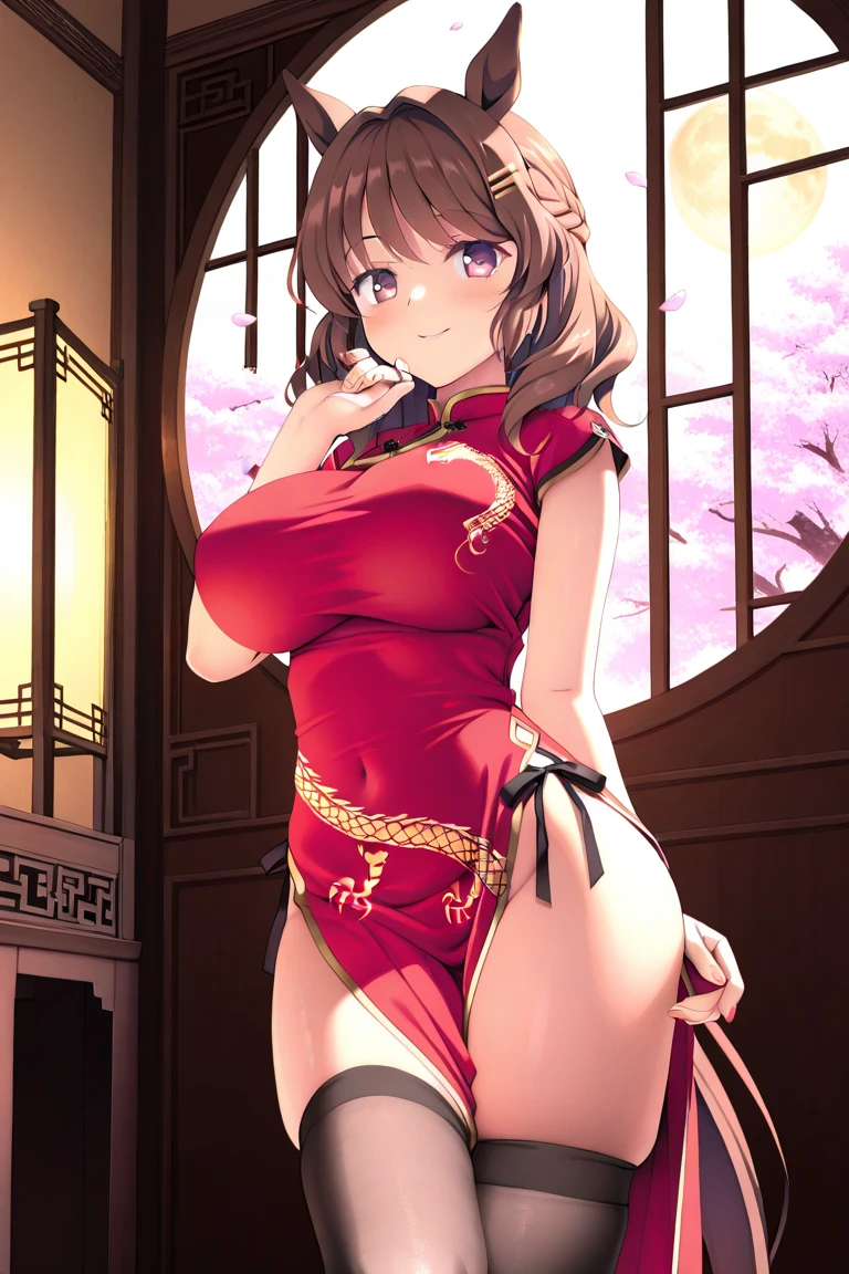 top-quality 8K 1 person 30 generations of beauty Brown hair Medium bob Delighted Charming laughter Glamour (Breasts like melons Ass like melons) (White garter belt stockings) (Blue qipao dress Gold embroidery Deep slit Sleeveless) cleavage of the breast is standing Raise your right leg 90 degrees chinese style room View from the front