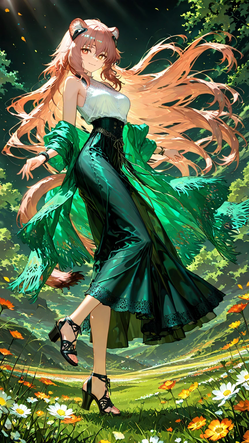 1girl, Gravel_Arknights , High-altitude grasslands covered with lush grasses and flowers , The wind is blowing under the summer sun , mesh shawl , Total lace tiered sleeveless casual blouse , Layered tiered casual long skirt made of chiffon fabric , Thick-soled sandals with thick heels and cross straps , slightly smile , looking at viewer , skirt flare in breeze , looking back , reaching , close eyes , open mouth , natural makeup ,  pose , 
break , 
( ambient occlusion:0.9 ) , masterpiece , best quality , ultra-detailed , high resolution , extremely detailed CG , unity 8k wallpaper , super detailed skin , perfect  , detailed beautiful face , detailed beautiful eyes , highres , chiaroscuro , highly detailed background , elaborately designed clothes , dramatic lighting  , full body , from side , dramatic angle , light particles , ARW ,  