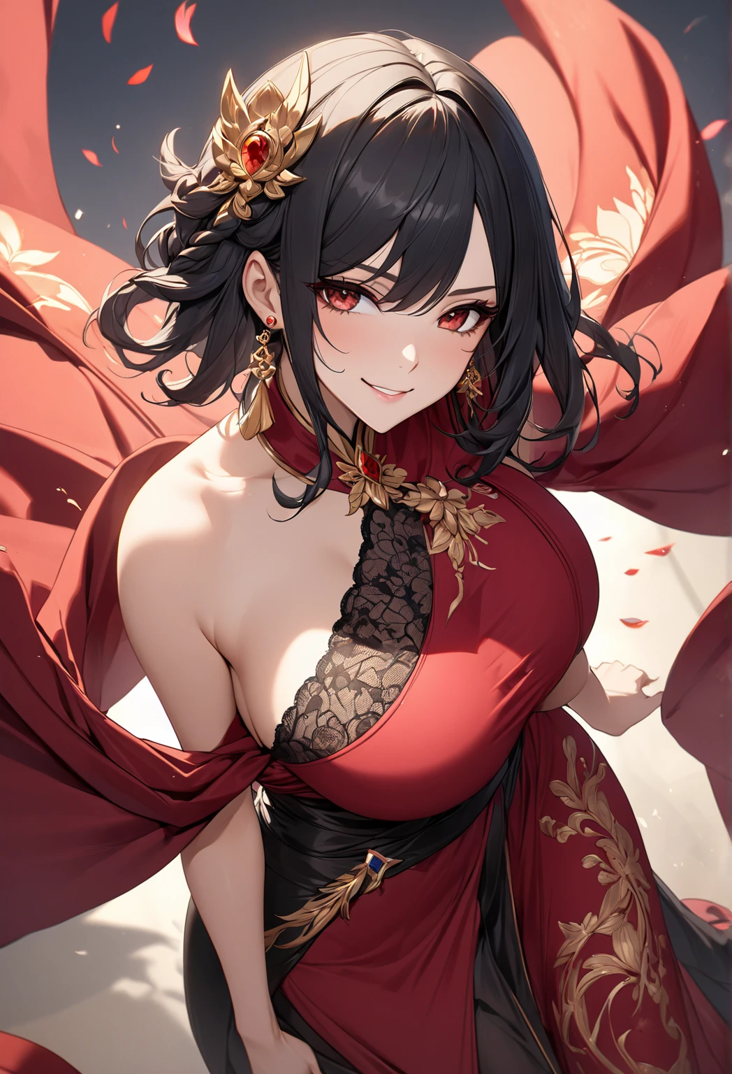 a woman wearing a red off-the-shoulder dress, long black hair, a golden olive leaf in her hair, Red eyes, Red high heels, big breasts, women's long stockings, smiling, standing in a luxurious room with large windows , and luxurious wooden floor, painting with Japanese arts on the wall, HDR , ultra resolution, sharp, Masterpiece, 8k high definition (solitary woman)