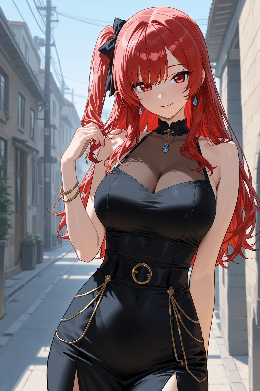 Red Hair Woman, red Eyes, Royalty,  tight Red Dress,House, High Quality, Highly Detailed, Detailed Face, Masterpiece, Using the cellphone