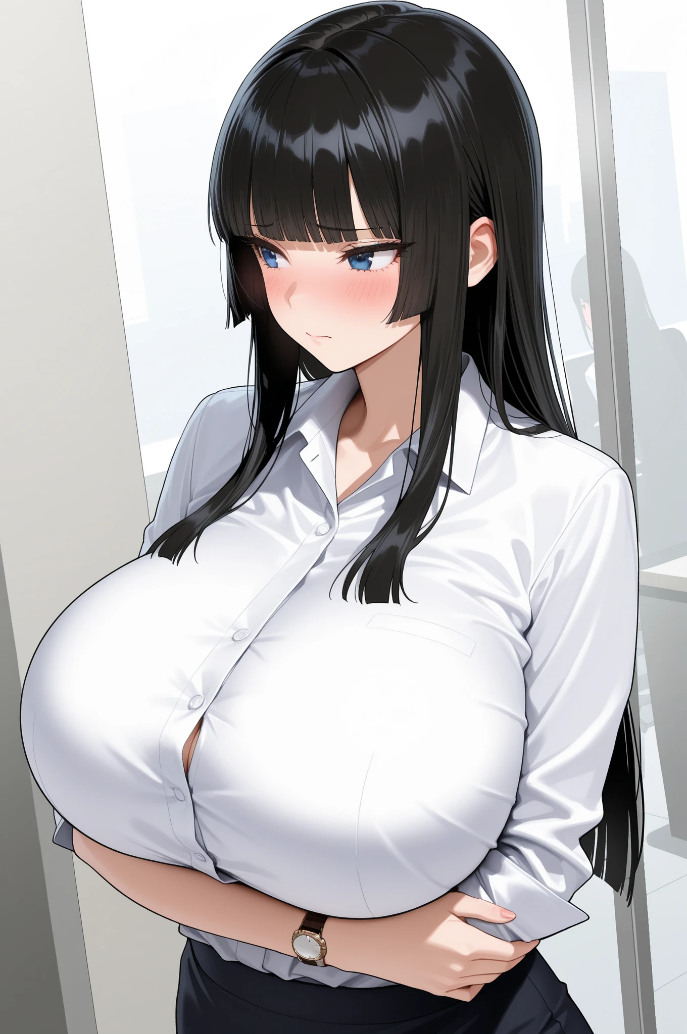 Italian girl, very long loose black hair, super mega gigantic breasts, white shirt, black pleated miniskirt, elegant shoes, slave collar, breasts tied together