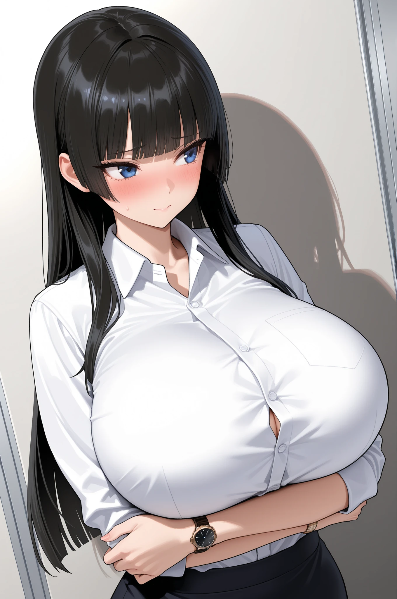 Beautiful girl with a symmetrical face is 15 years old with a perfect body, big tits, dressed in a Venus miniskirt and a very short unbuttoned shirt with a very wide neckline, very thin clothes, clothes very light as air, all with details intricate, uncensored, see zonas erogenas