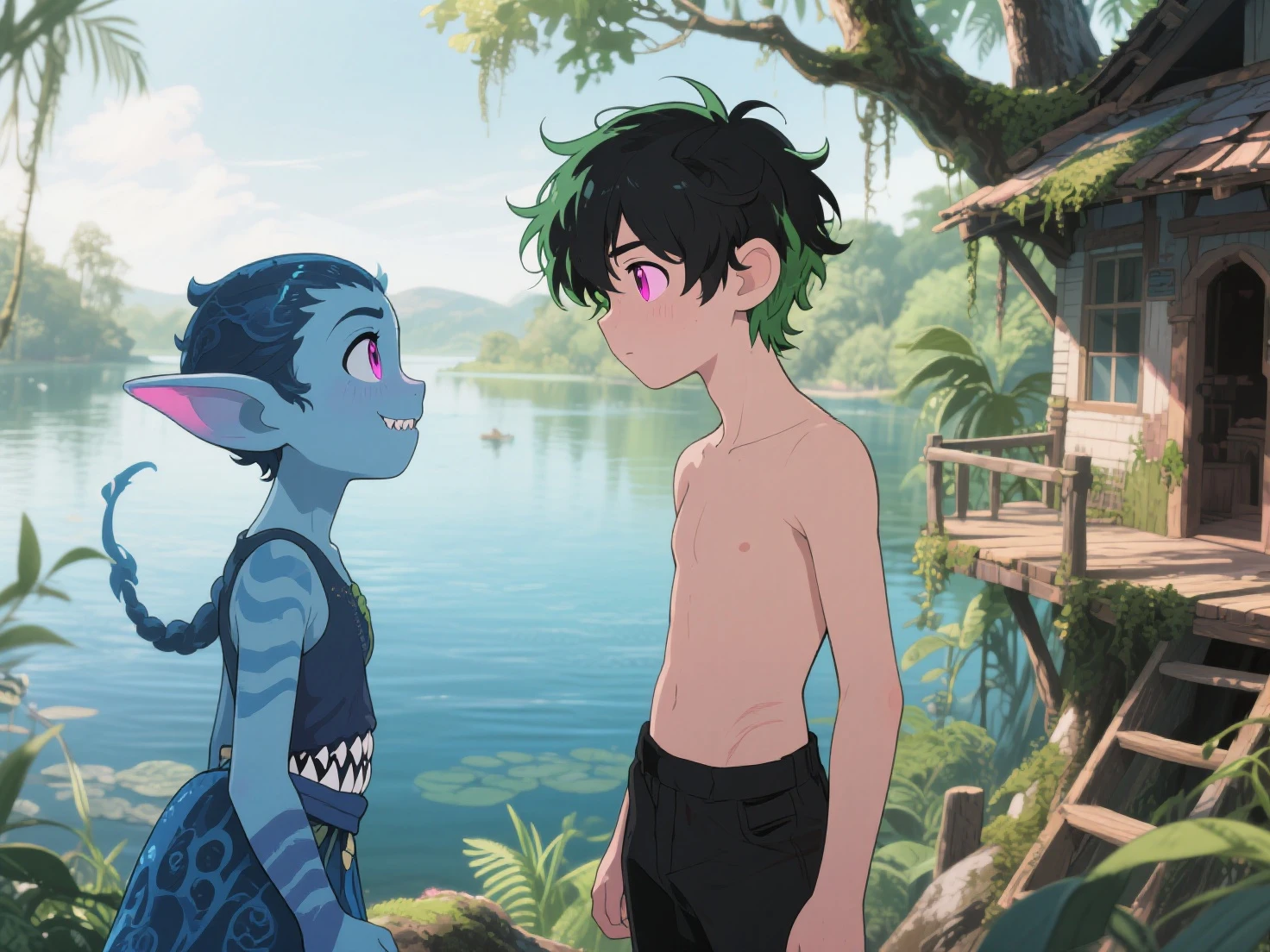 (((ghibli style))) a navy blue haired alien boy, greenish skin, antennae and eyes completely black, with pointed ears and a black tongue