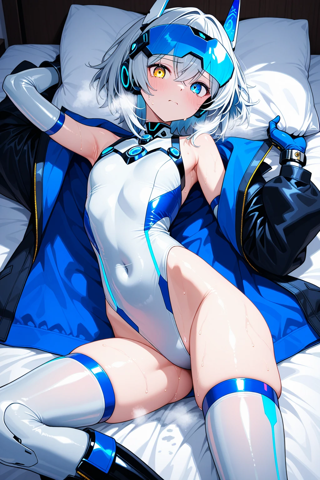 ico_megamanxdive, 1girl, blue eyes, solo, white hair, android, large breasts, short hair, thighhighs, lying, on bed, nsfw, micro bikini, spread legs, <lora:iCO_MegaMan_XDiVE_V-10:1>