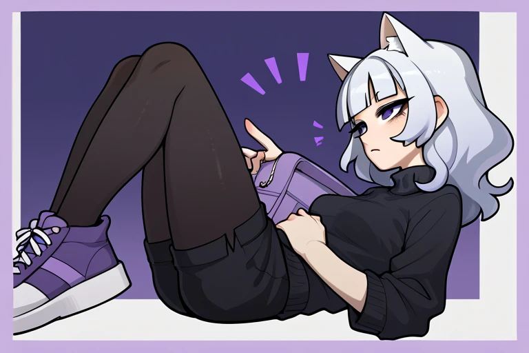 Girl with white hair, cat ears, black glasses, blushing extremely, she has put on a bra if her breasts are small, grabbing her breasts, a black skirt, a cat tail with black stockings on the bed