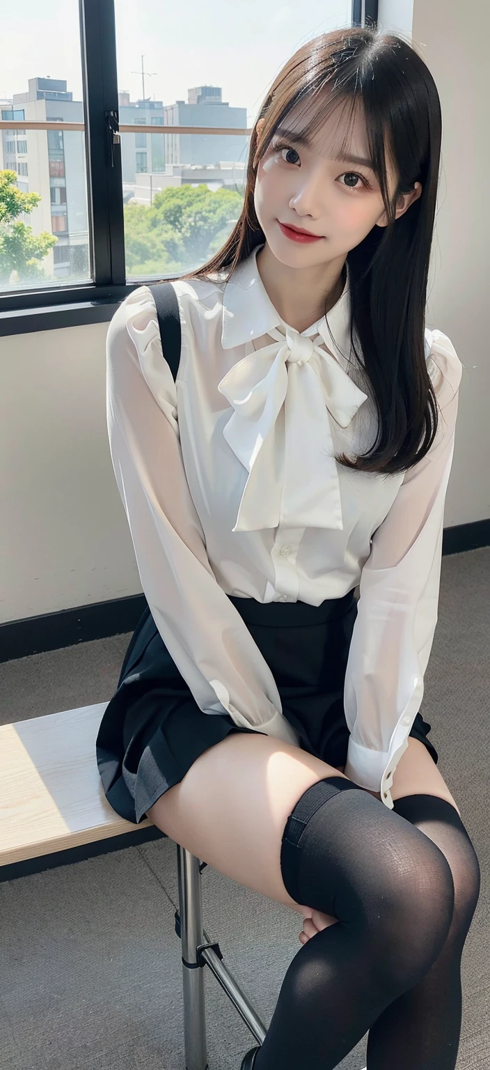 Raw, 1girl, Pure faces, Solitary, rich and colorful, (masterpiece, best quality: 1.3), (absurd: 1.3), (Practical:1.3), (Delicate skin: 1.3, Delicate face: 1.3), permanent, Pretty Face, 漂亮的Eye, 详细的Eye特征, Perfect makeup, looking at the audience, Clear focus, Beautifully, (Pretty and cute_girl:1.3), curved, (Large Breasts: 1.1, Thick thighs: 1.2, ), Long eyelashes, (shiny skin), A faint smile, (Black_Double tail:1.3), (Large target_Eye:1.2, Brown_Eye), (Brown_Gloss_Eyehadow:1.2), pink_Lips, White ruffled shirt, Black pleated skirt ,(Black_Pantyhose), willow, Bench, garden, Green grass, Small lake, (Clear skies:1.3), (Sunlight: 0.5), (Complete five fingers: 1.2)