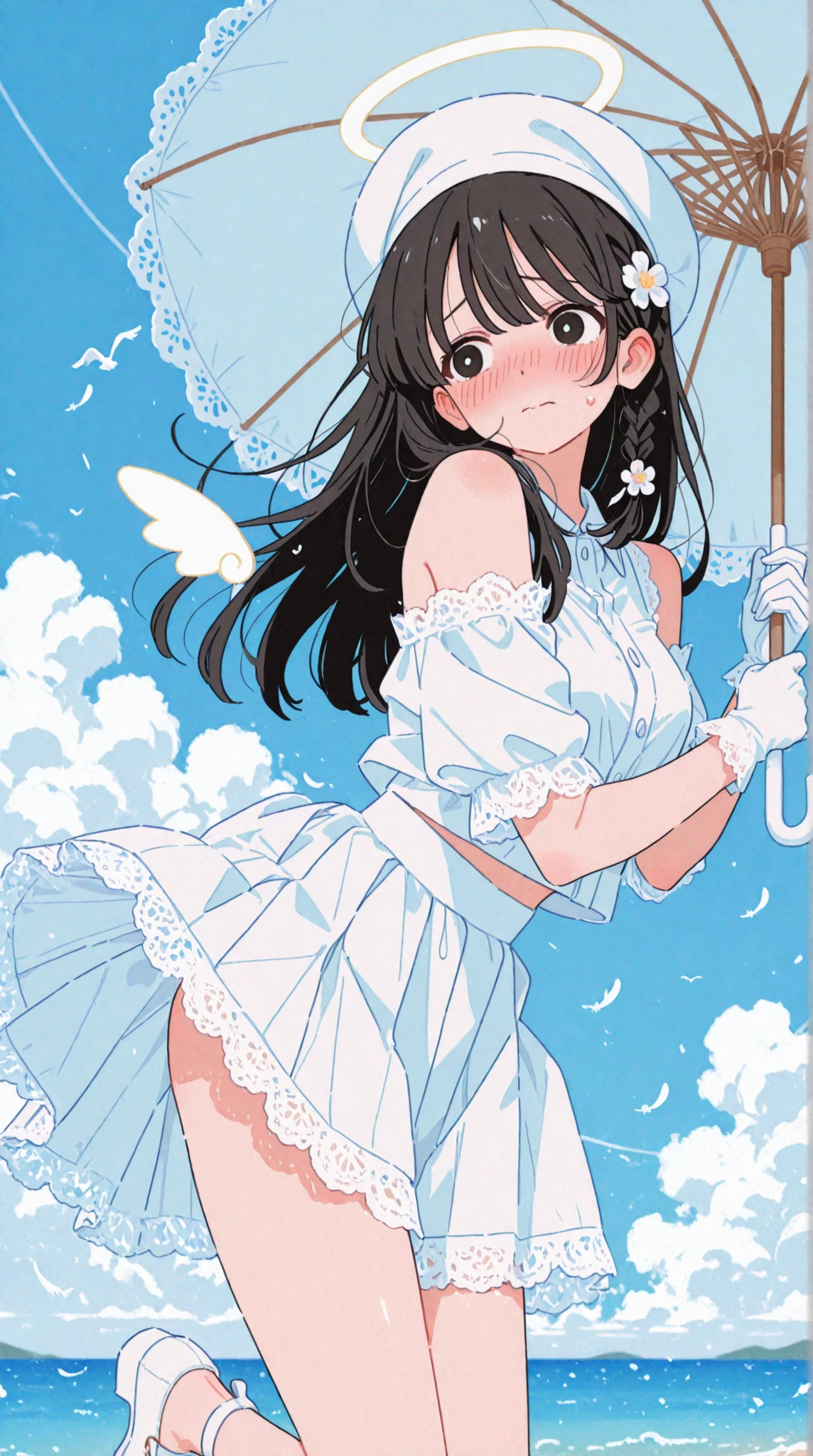 音無響子
Low - Angle、
Low - Angle、Long skirt、Hold down your skirt that is being blown up by the strong wind、Anime white panties in a strong wind、Crotch is visible
ローレグのパンツ、Color: White、
Crotch is visible、
、Lined、White lace lining、