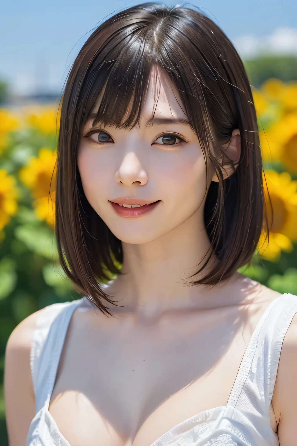 One Girl, (Beautiful girl, Delicate girl:1.3), (16 years old:1.3),
break, (Plain T-shirt:1.2),
break, (Sunflower field background:1.2),
break, smile, Very beautiful eyes, (Symmetrical eyes:1.3),
break, (Big Breasts:1.3), Brown eyes, Parted bangs, Brown bob cut hair, Round face, cute,
break, (Eye and facial details:1.0),
break, (masterpiece, Highest quality, Super detailed, Detailed face, 8K)