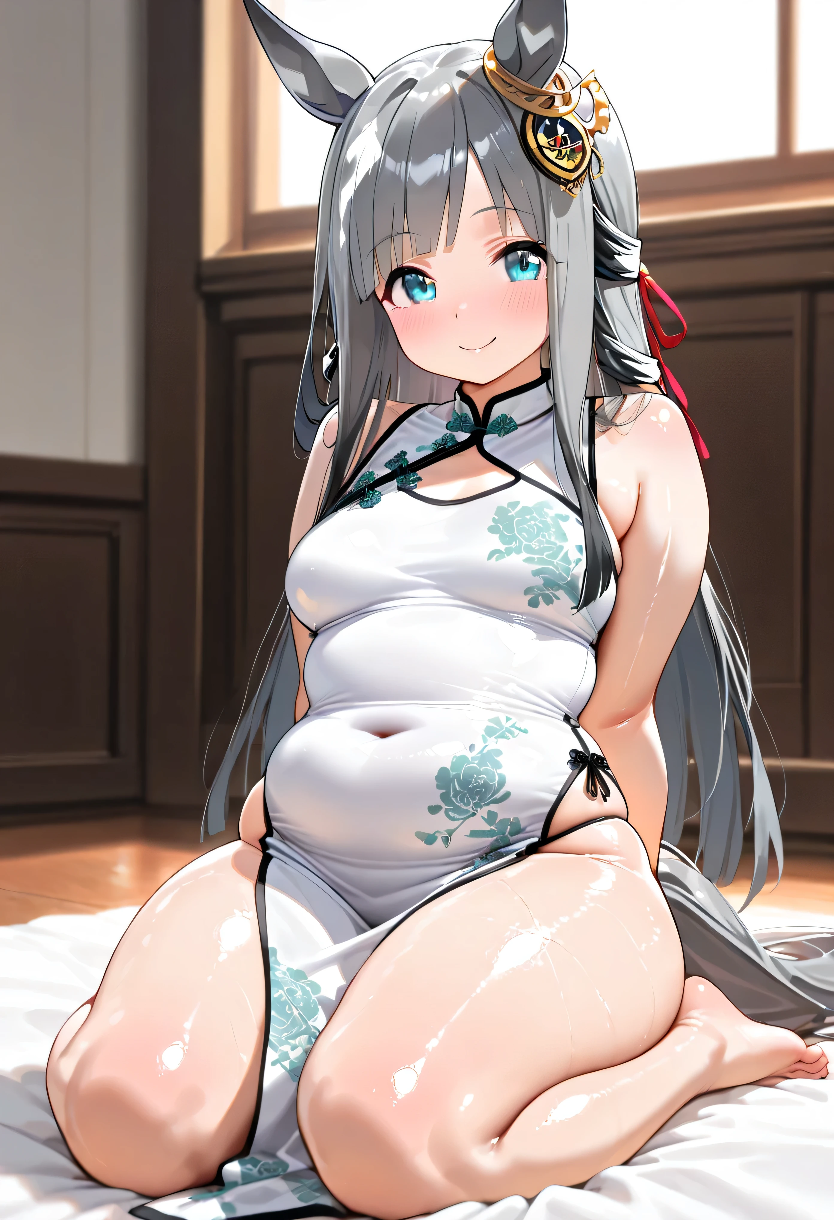 masterpiece, best quality, ultra-detailed, top quality, 8K, very aesthetic, intricate details, ((gl0ssy)), ((shiny skin)), gleaming skin, full body, (from front), in room, indoor, (1girl), solo, chrono genesis \(umamusume\), horse tail, horse girl, arms behind back, white changpao, chinese qipao, bare arms, sitting, seiza, wariza, closed mouth, smile, medium breast, blush, toes, toes focus, barefoot, (curvy), (wide hip), (very thick thigh), (thigh focus), (chubby:1.1), (plump:1.3), looking at viewer,